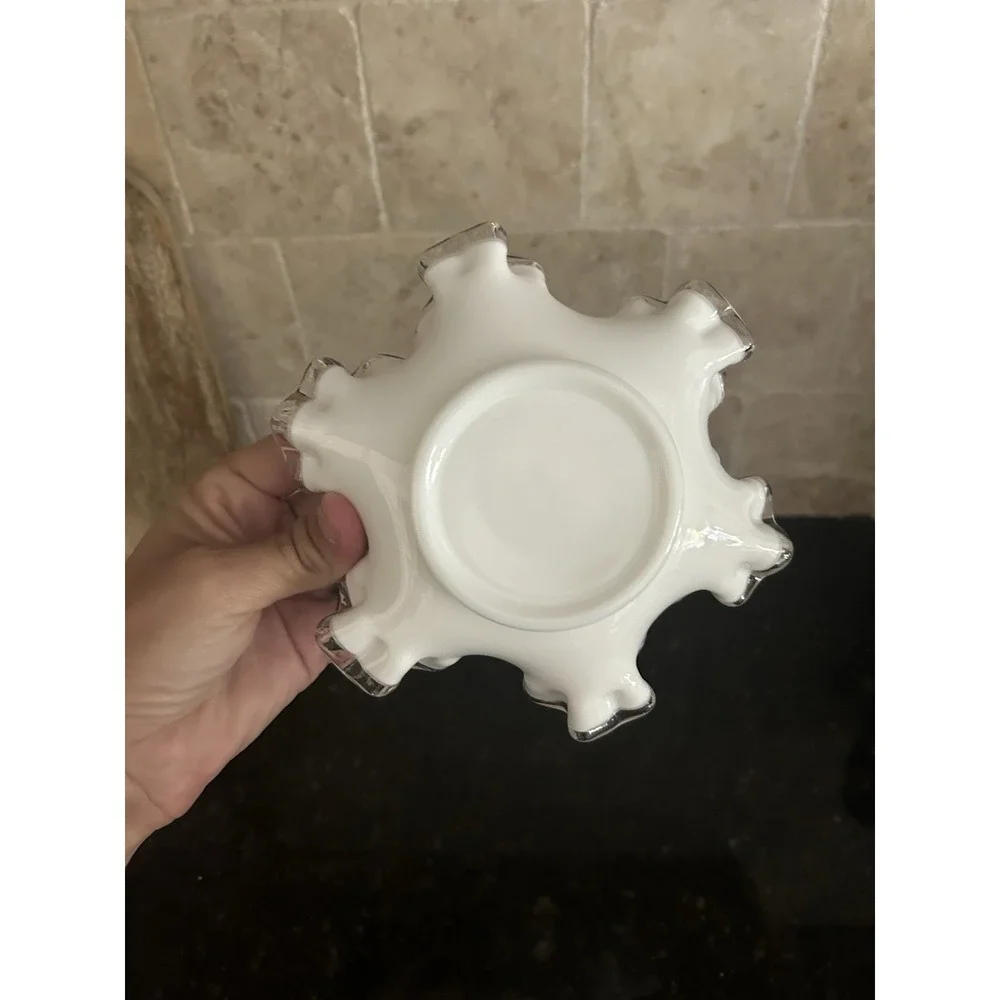 Vintage Fenton Ruffled Milk Glass Bowl Candy Dish Cottagecore